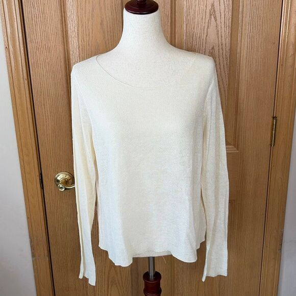 Eileen Fisher Linen Silk Open Knit Sweater Top Womens L Ivory Lightweight - Picture 2 of 6